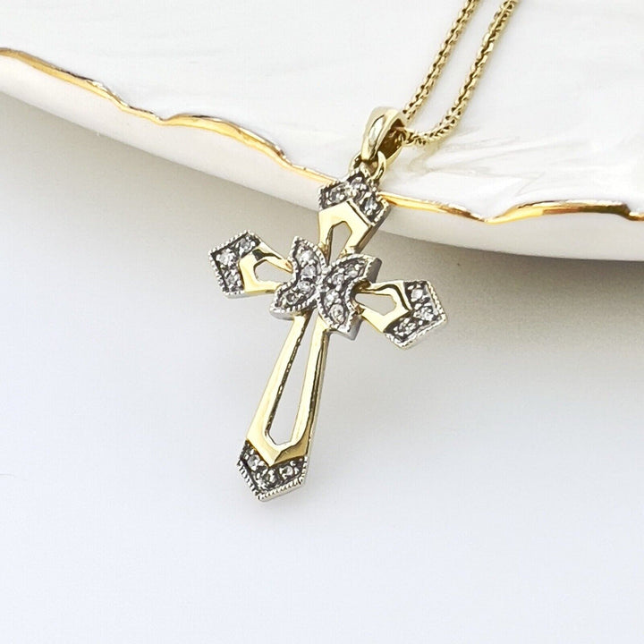 Solid 10K Yellow Gold Genuine Diamond Cross Pendant, New 1.3”