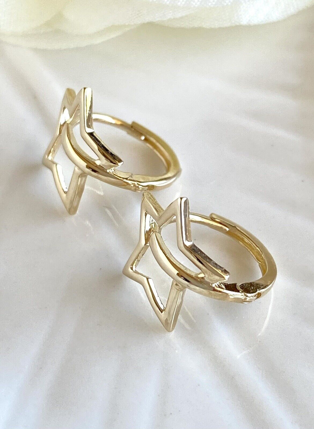 Solid 14k Yellow Gold 5 Point Star Hoop Earrings, New