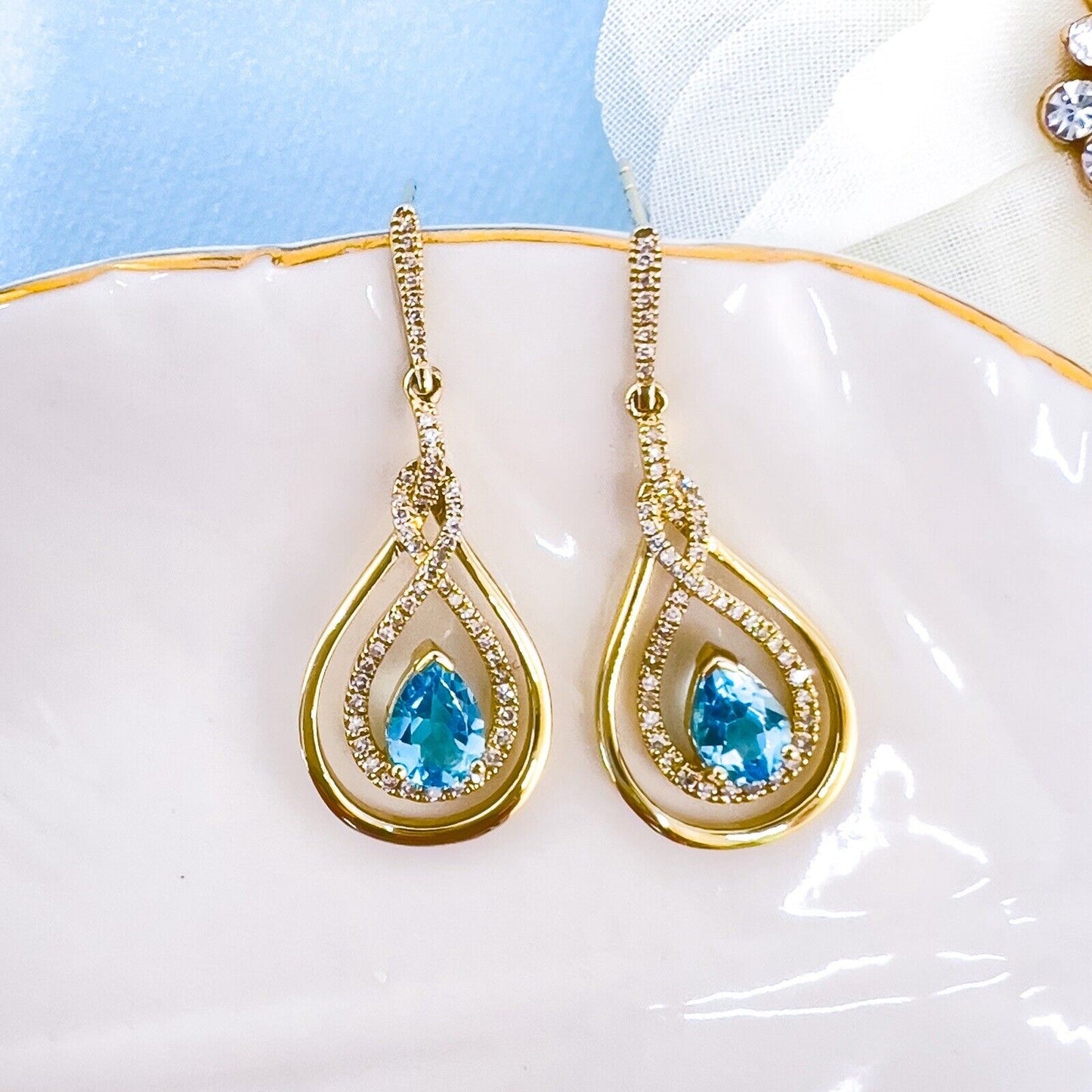 Genuine Swiss Blue Topaz & Diamond 10k Yellow Gold Dangle/Drop Earrings, New