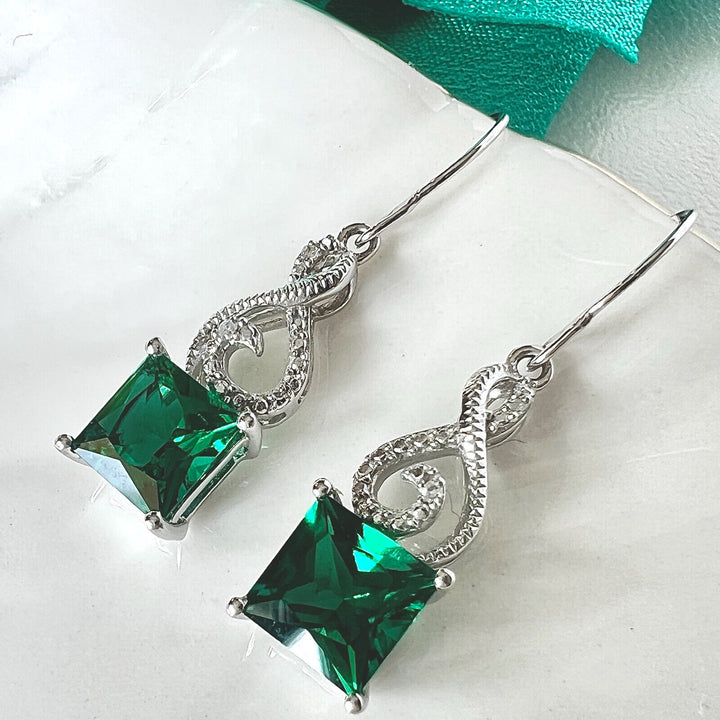 Solid 10k White Gold Genuine Diamonds & Lab Created Emerald Dangle/Drop Earrings