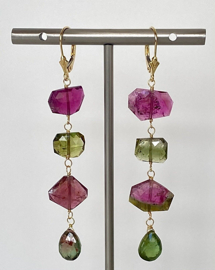 Natural Tourmaline (27.1ct) & 14k Yellow Gold "Wind Chime" Dangle Earrings, New