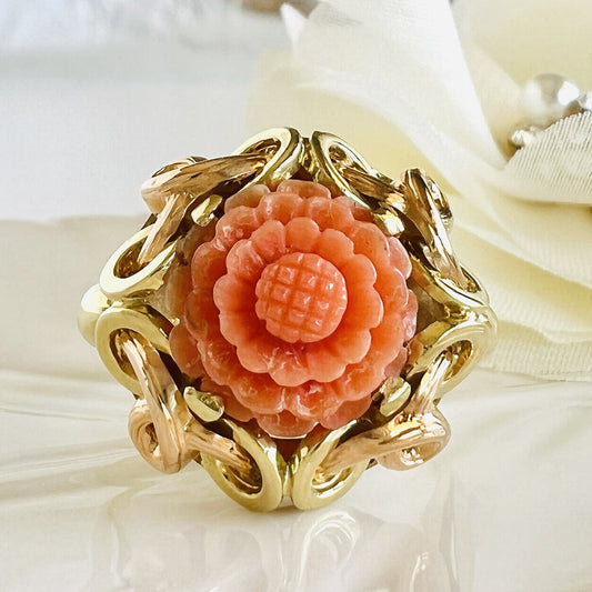 Antique Untreated Red/Orange Coral Rose Carving  Solid 14k Gold Ring, Size 8