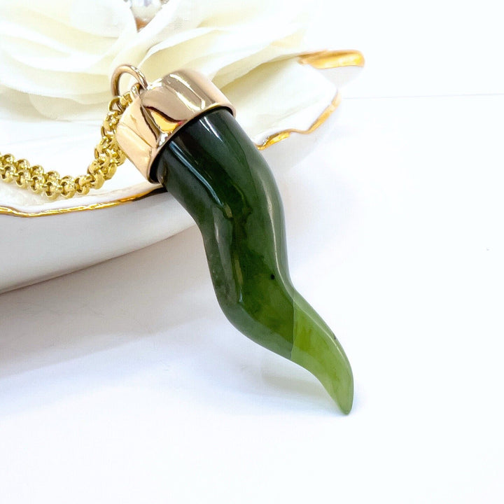 14k Yellow Gold Nephrite Jade Cornicello Horn Pendant, New, 1.68"