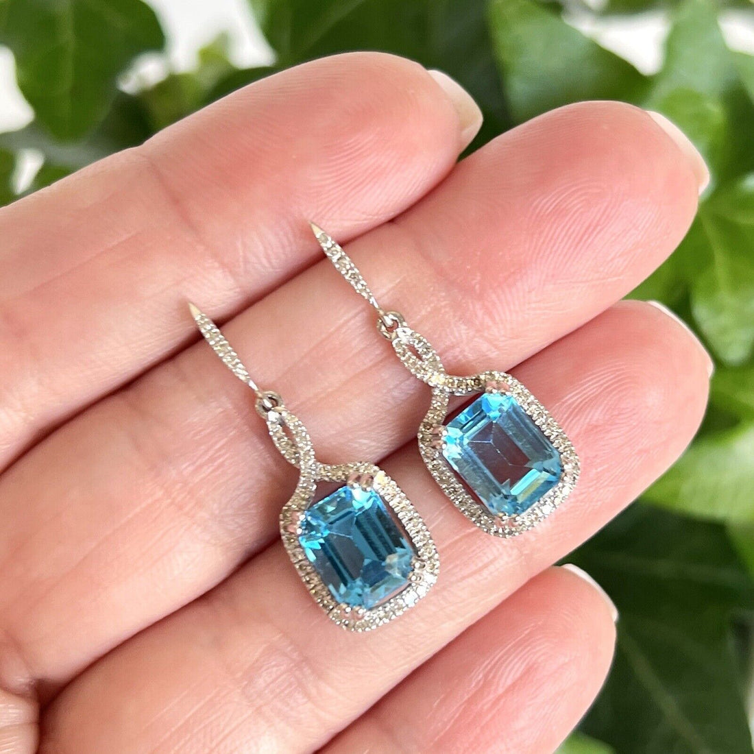 Gorgeous Swiss Blue Topaz (5.60ct) & Diamond (0.40ct) 14k Dangle Earrings, New