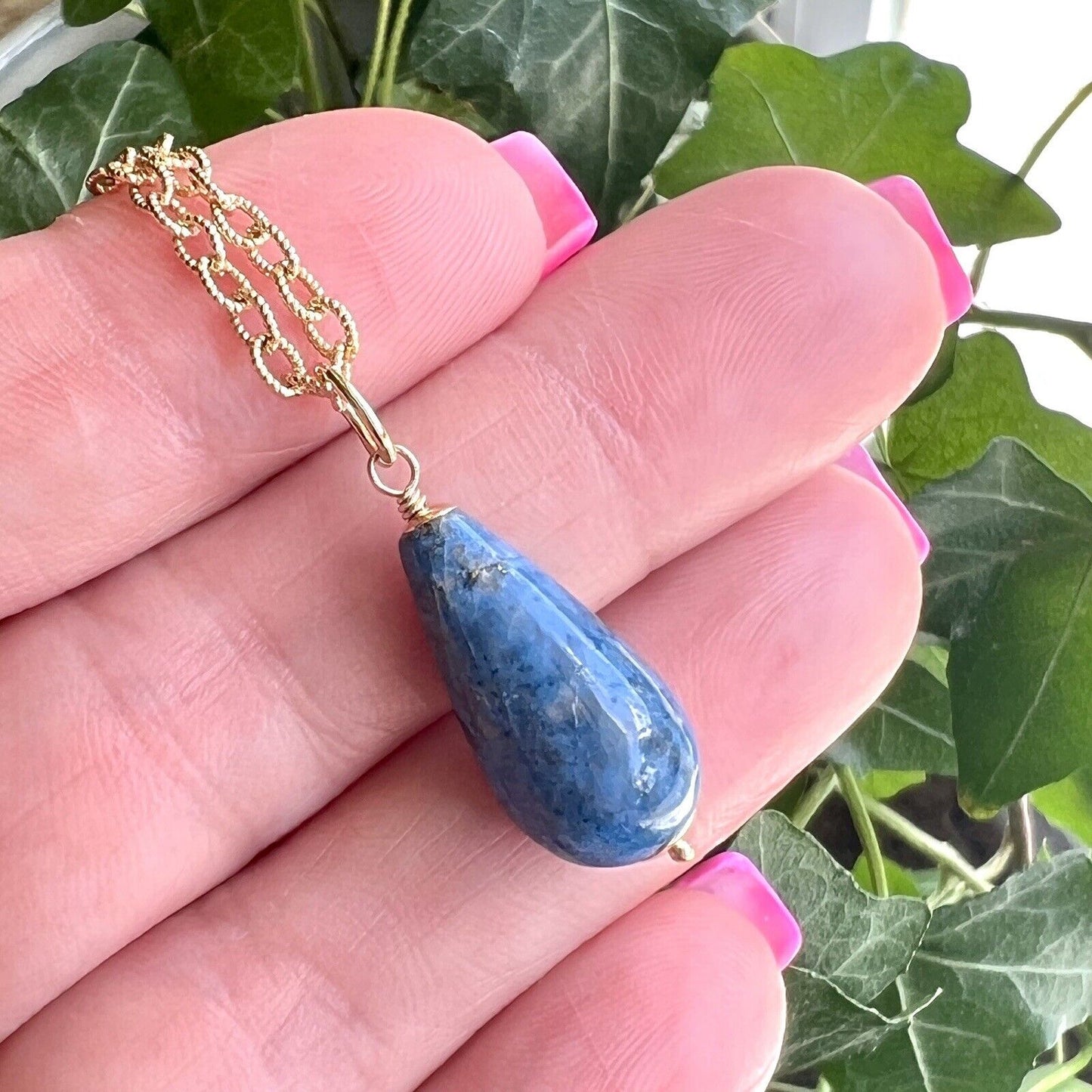 Solid 14k Yellow Gold Natural Lapis Lazuli Drop Pendant, 1.24", New A