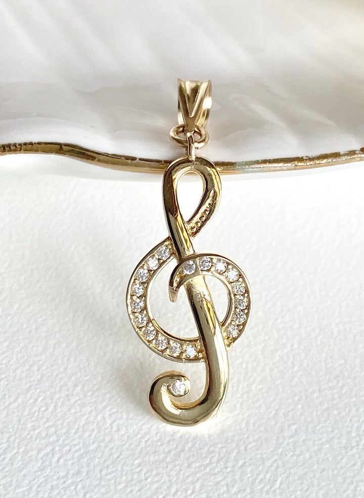 Solid 14K Yellow Gold & Cubic Zirconia "G" Clef Musical Symbol Pendant, New 1.3"