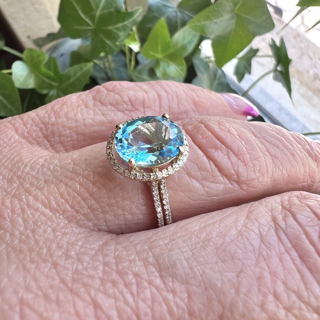 Solid 10k Yellow Gold Genuine Swiss Blue Topaz & Diamond Halo Ring, Size 7 New