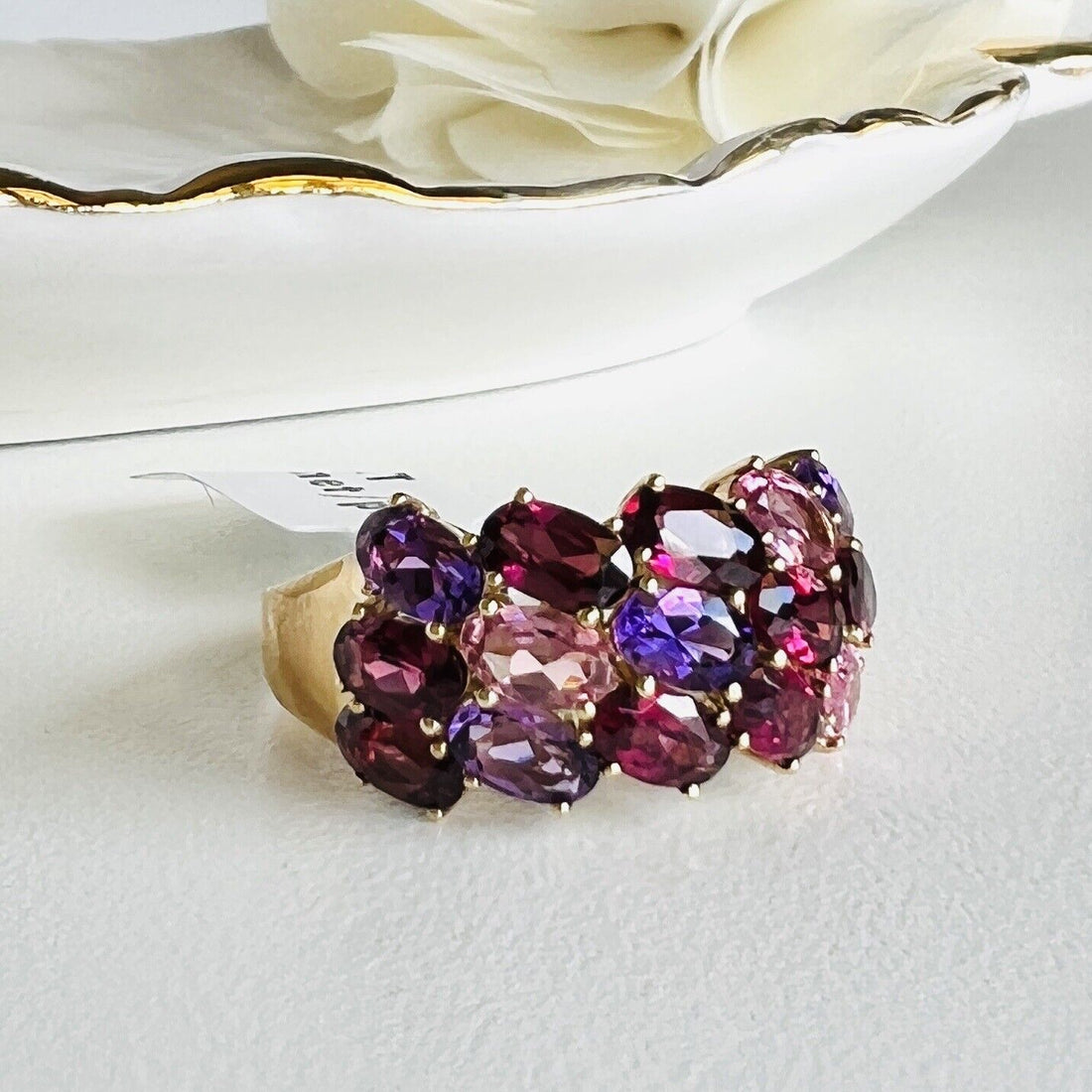 Solid 10k Yellow Gold Amethyst & Tourmaline Cluster Ring, New Size 7