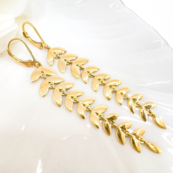 14k Yellow Gold Long Dangle Leaf Earrings, New, 2.72"