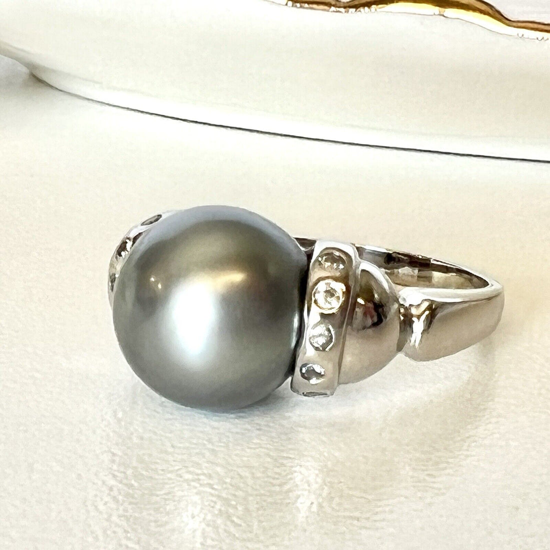 Top-Quality Tahitian Gray Pearl & Diamond Solid 14k White Gold Ring, New Sz. 7.5