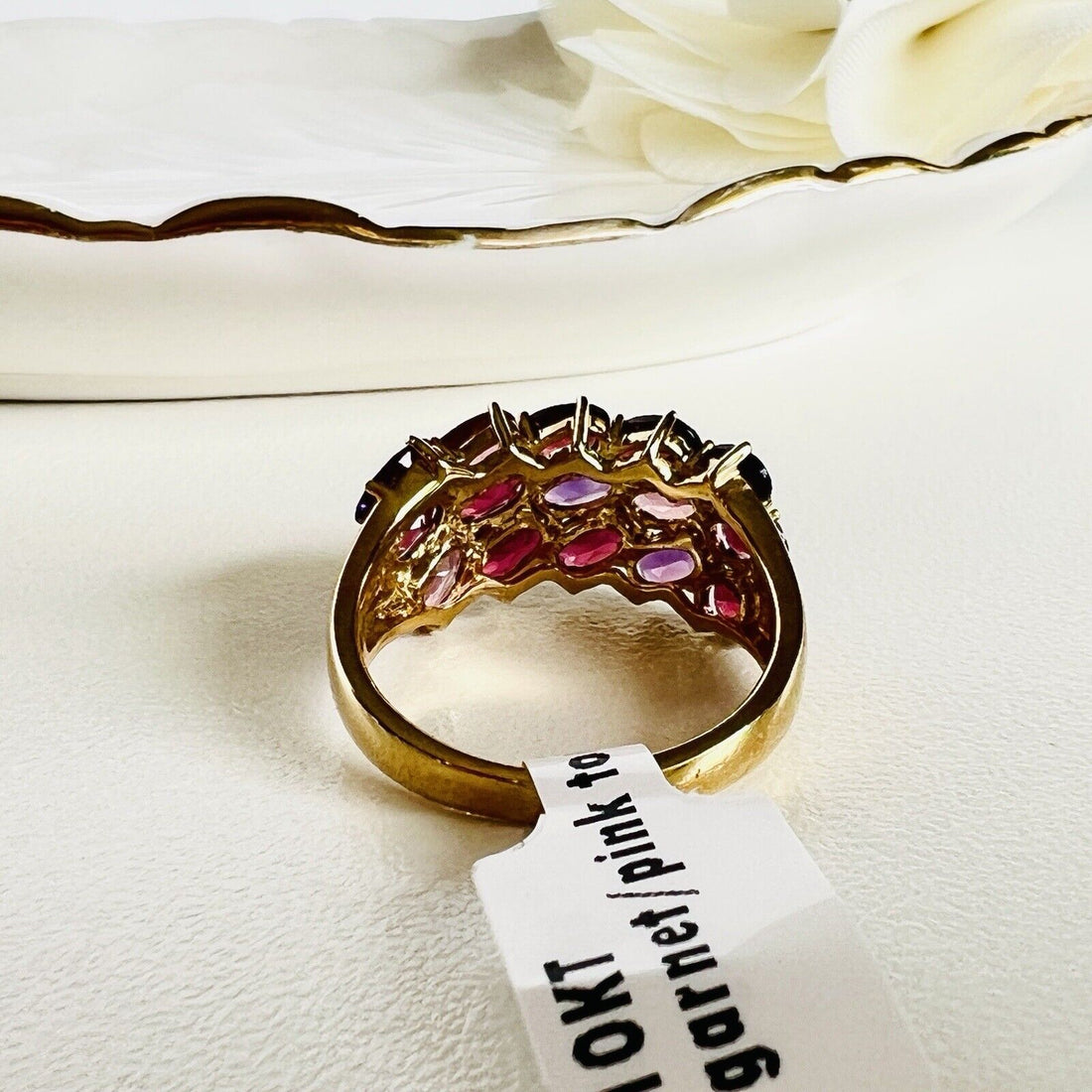 Solid 10k Yellow Gold Amethyst & Tourmaline Cluster Ring, New Size 7