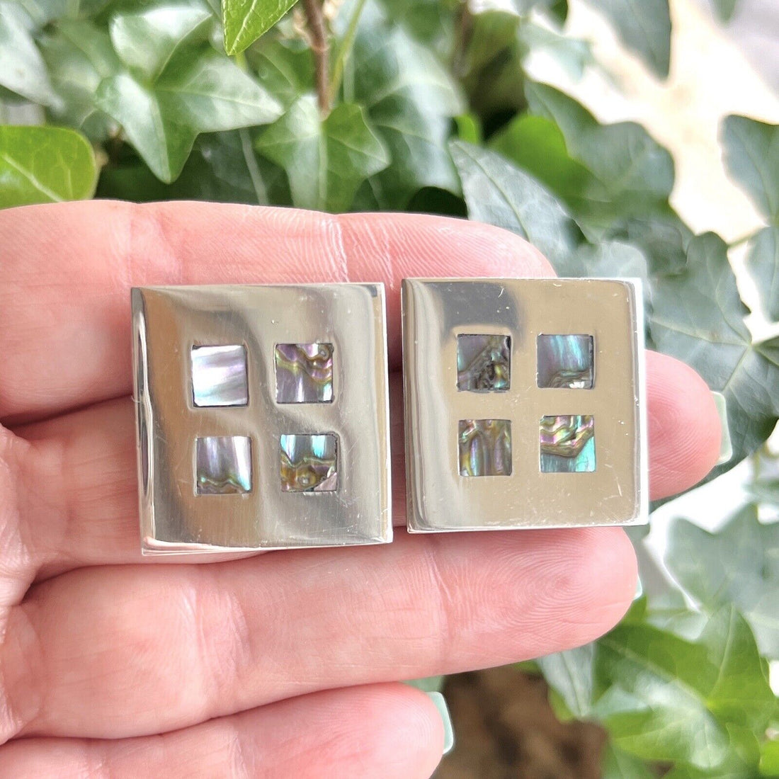 Sterling Silver Genuine Abalone Square Stud Earrings, New 1"