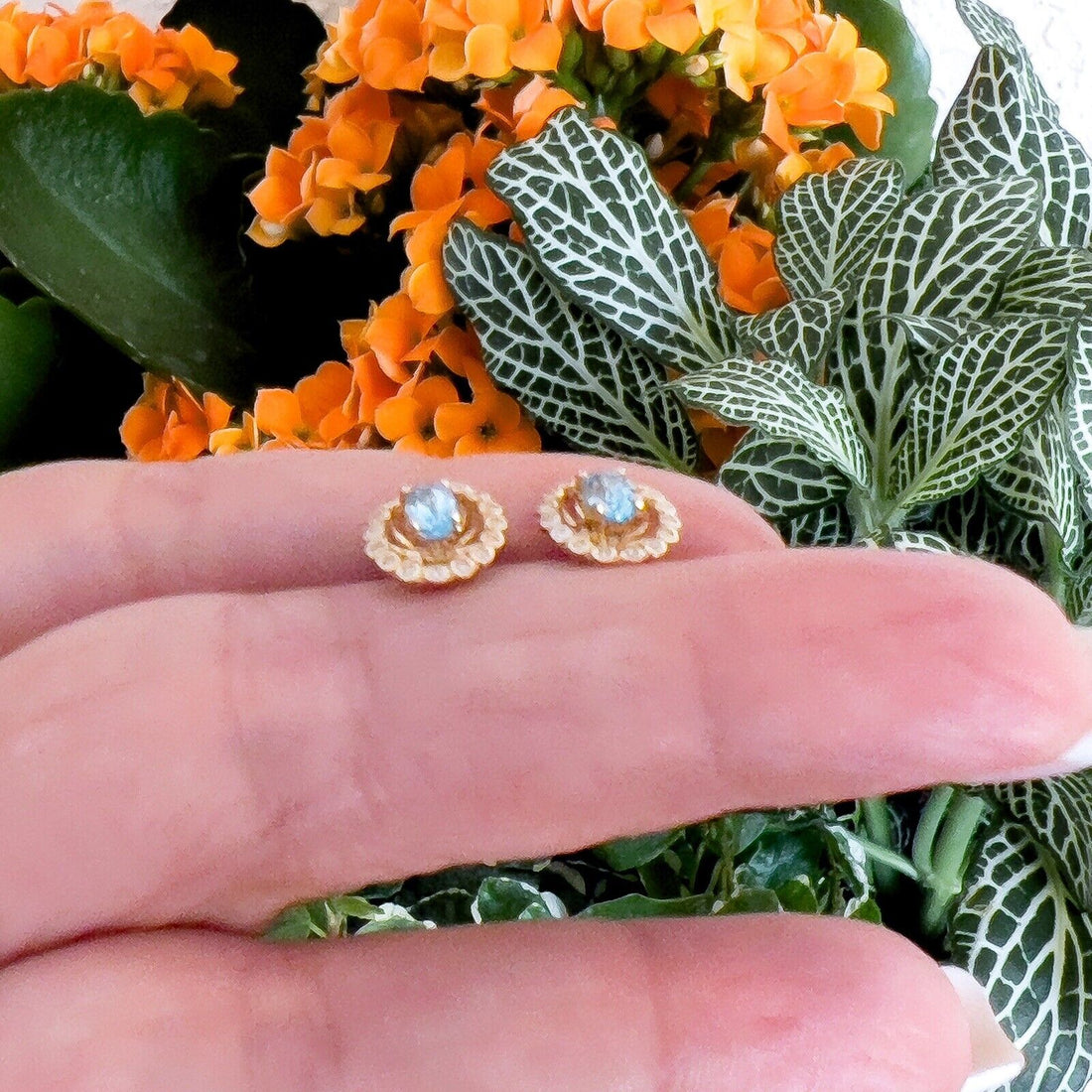 14k Yellow Gold Swiss Blue Topaz & Diamond Halo Oval Stud Earrings, New