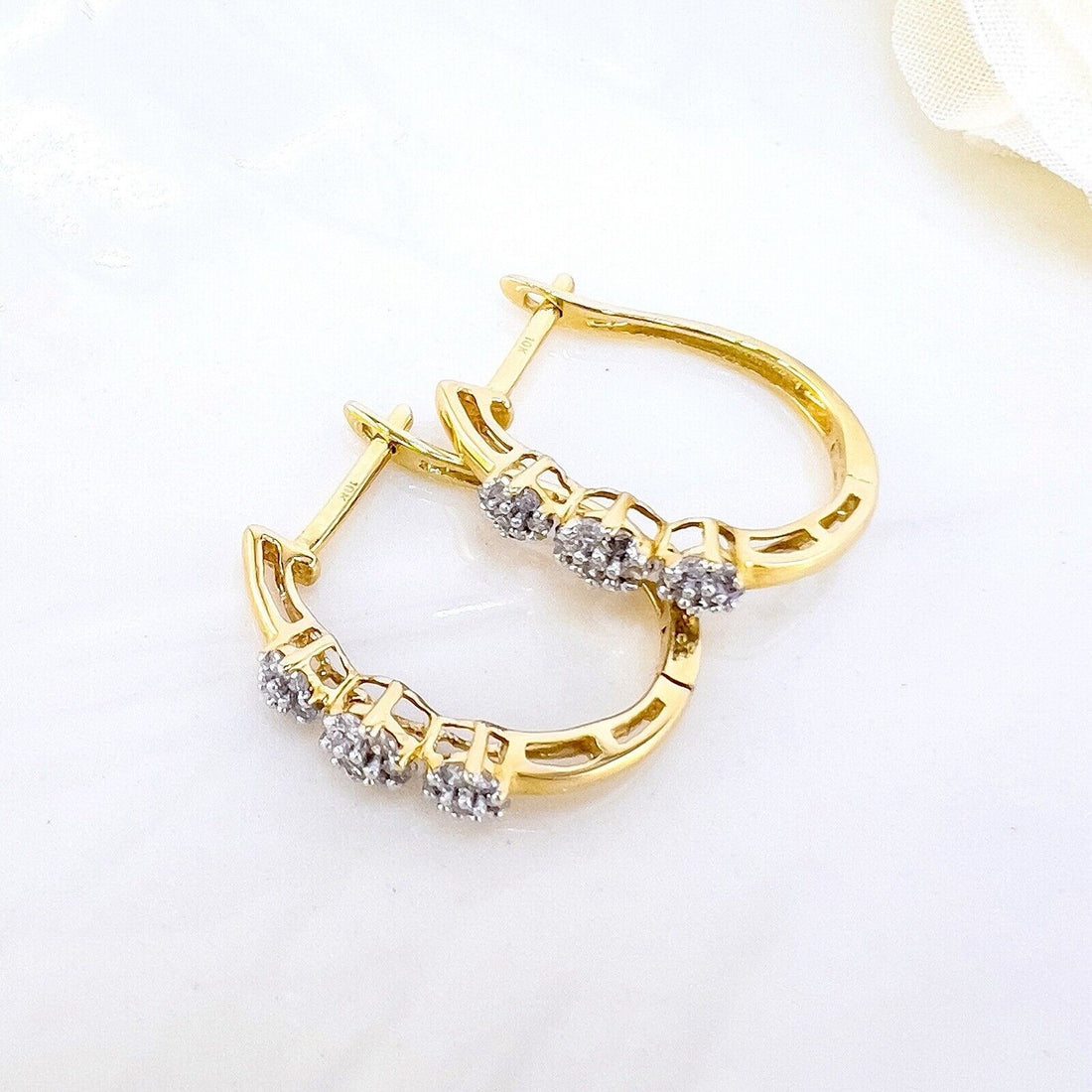 Solid 10k Yellow Gold Diamond Rosette French-Style Leverback Hoop Earrings, New