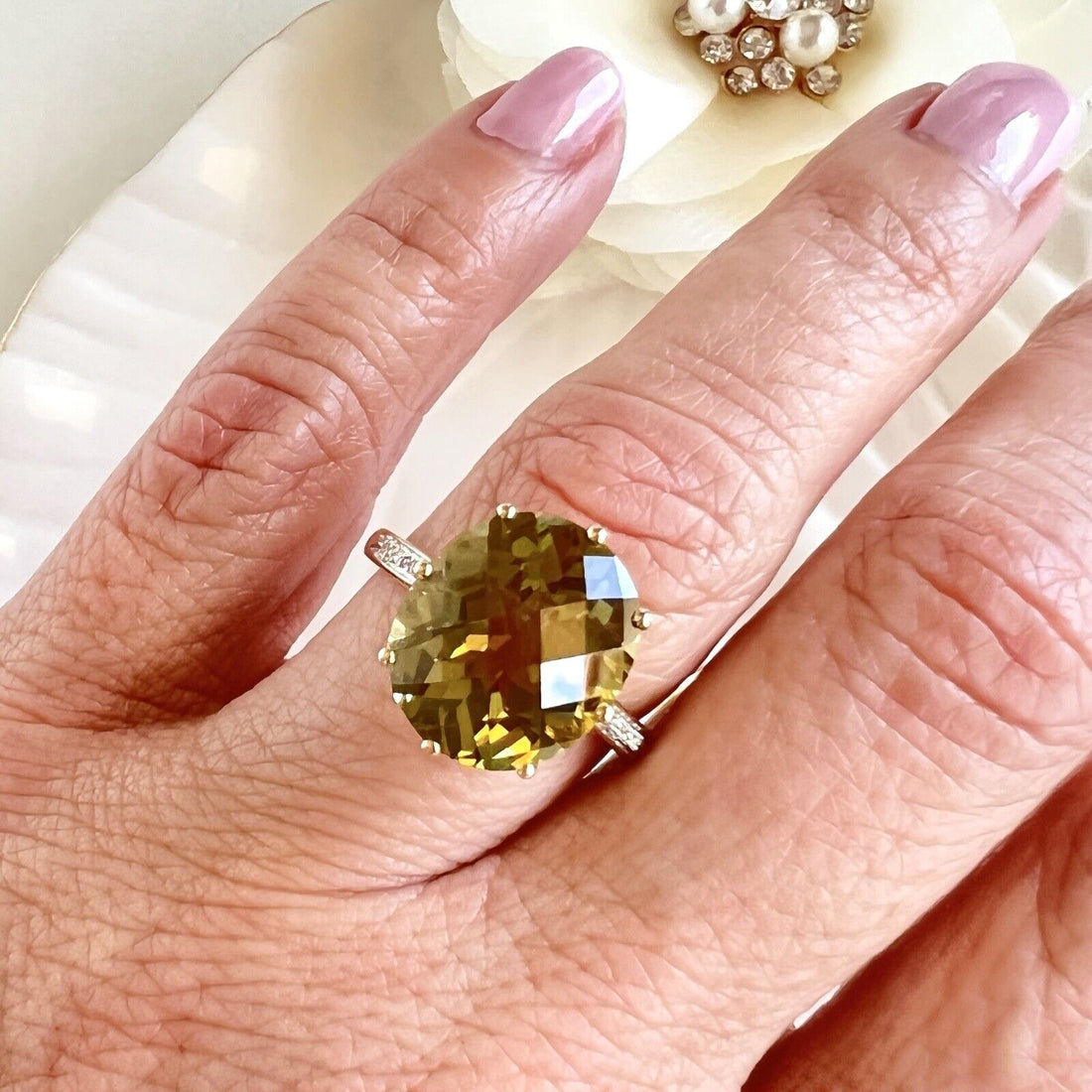 Fabulous Lemon Citrine (7.6ct) & Diamond 14K Yellow Gold Ring, New, Size 8