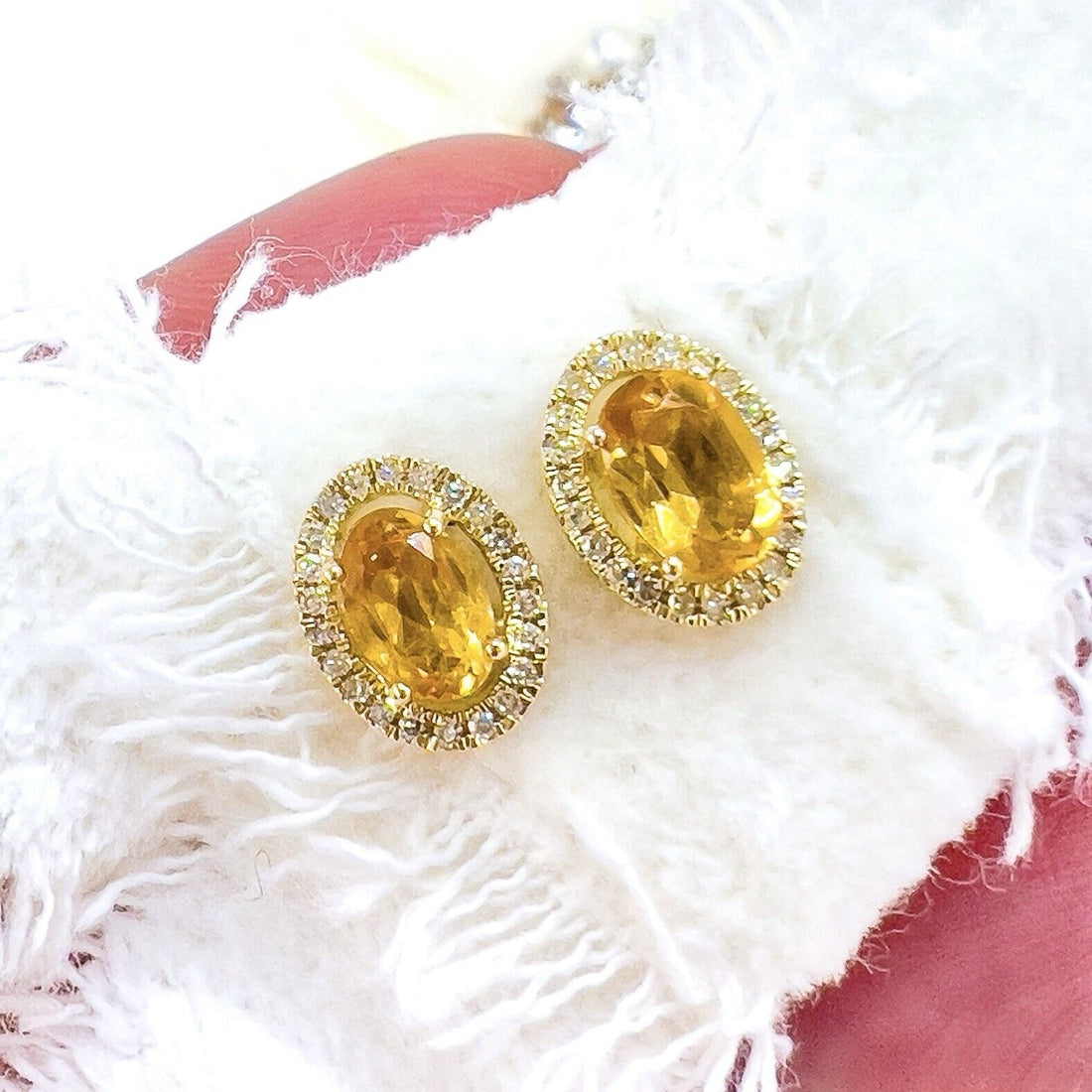 10k Yellow Gold Genuine Citrine & Diamond Halo Stud Earrings, New