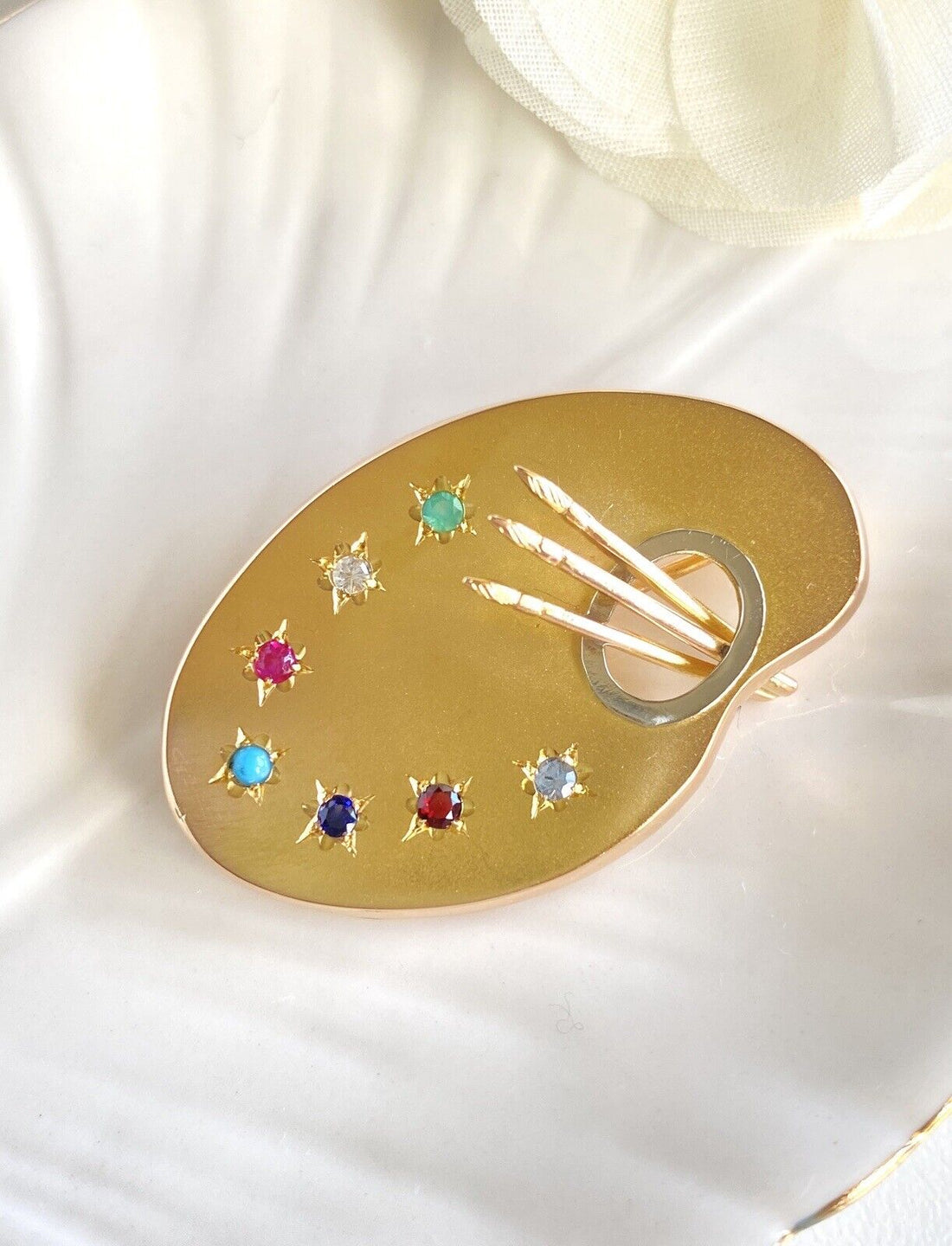 18k Yellow Gold Artist's Palette Multi-Gemstone Pin/Pendant, Italy, Pre-owned