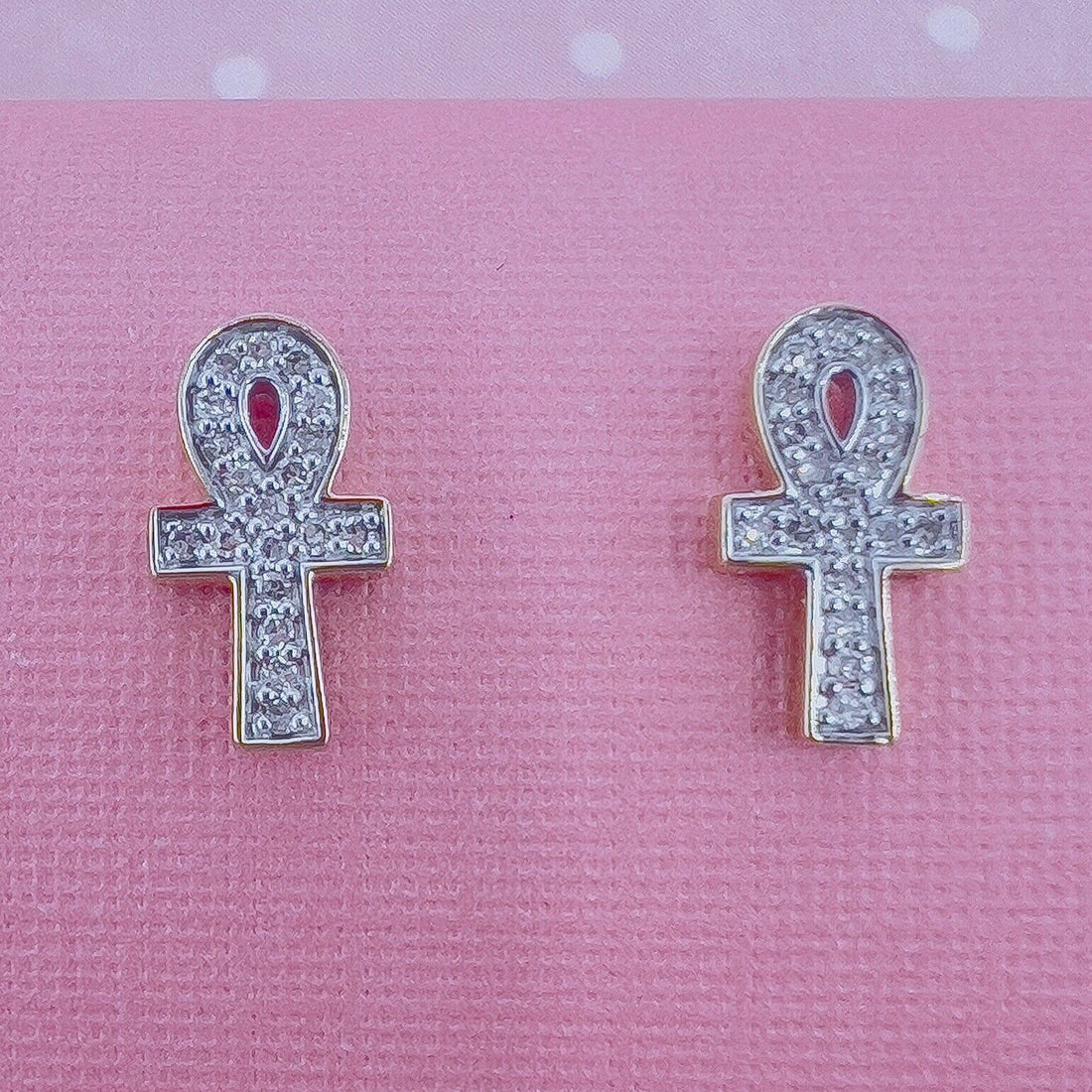 14k Yellow Gold Diamond Ankh Stud Screw-Back Earrings, New