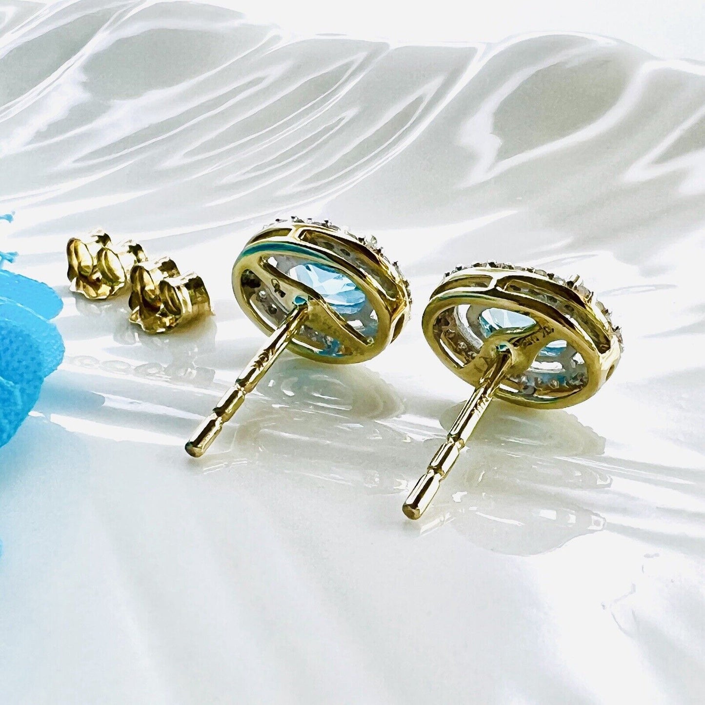 Solid 10k Yellow Gold Genuine Blue Topaz & Diamond Halo Oval Stud Earrings, New