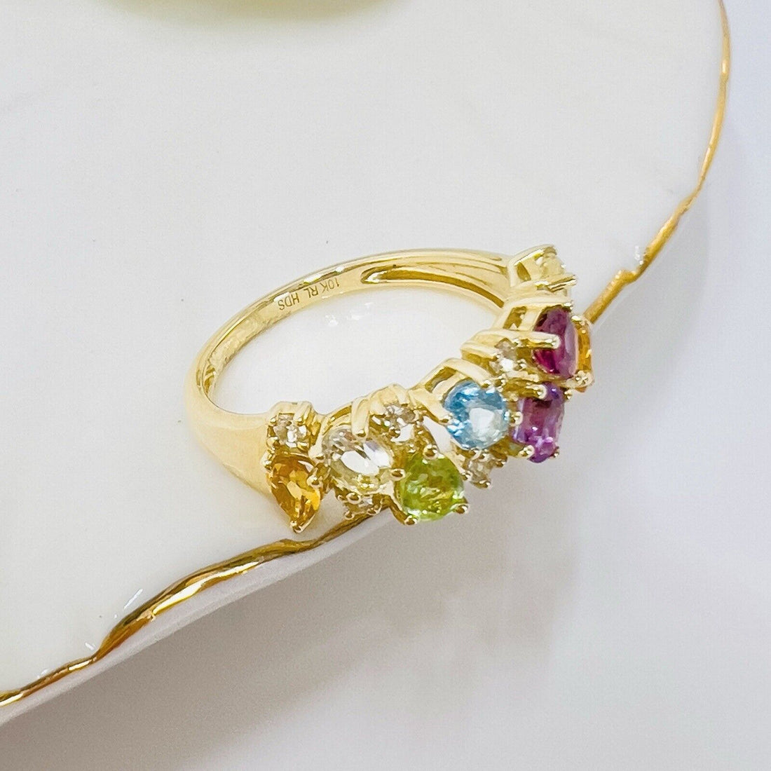 10k Yellow Gold Genuine Multi-Gemstone Ring, Size 7,