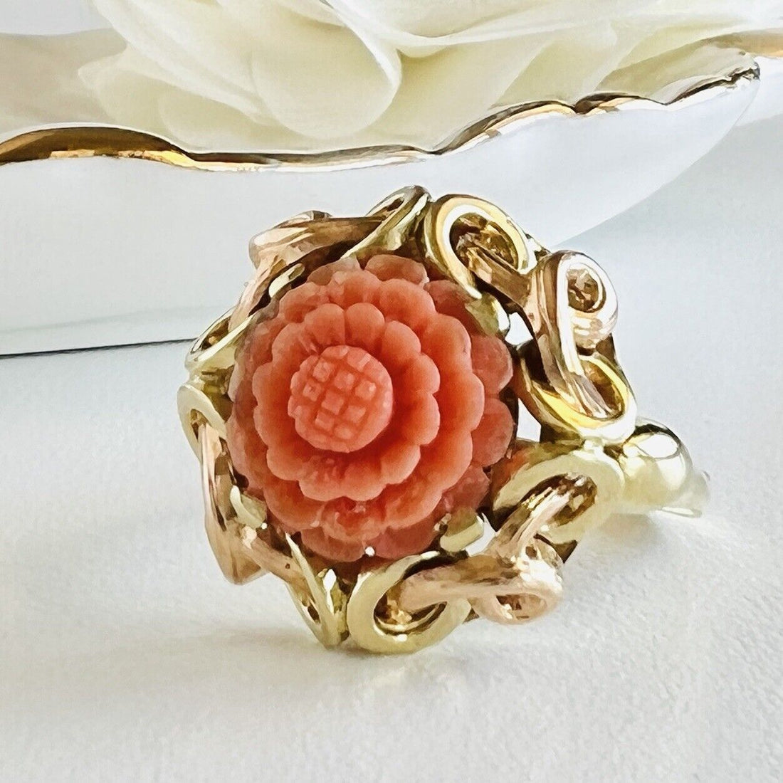 Antique Untreated Red/Orange Coral Rose Carving  Solid 14k Gold Ring, Size 8