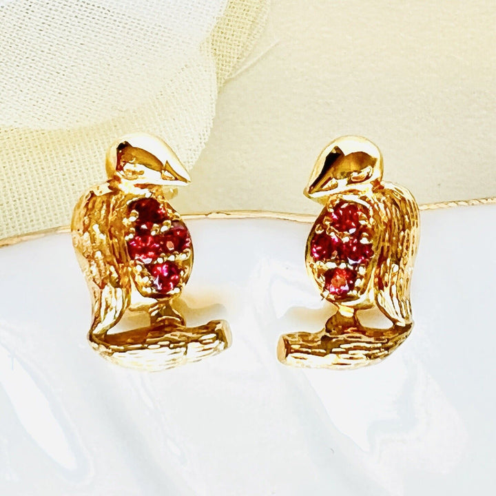 Solid 14k Yellow Gold Genuine Garnet Bird Stud Earrings, New