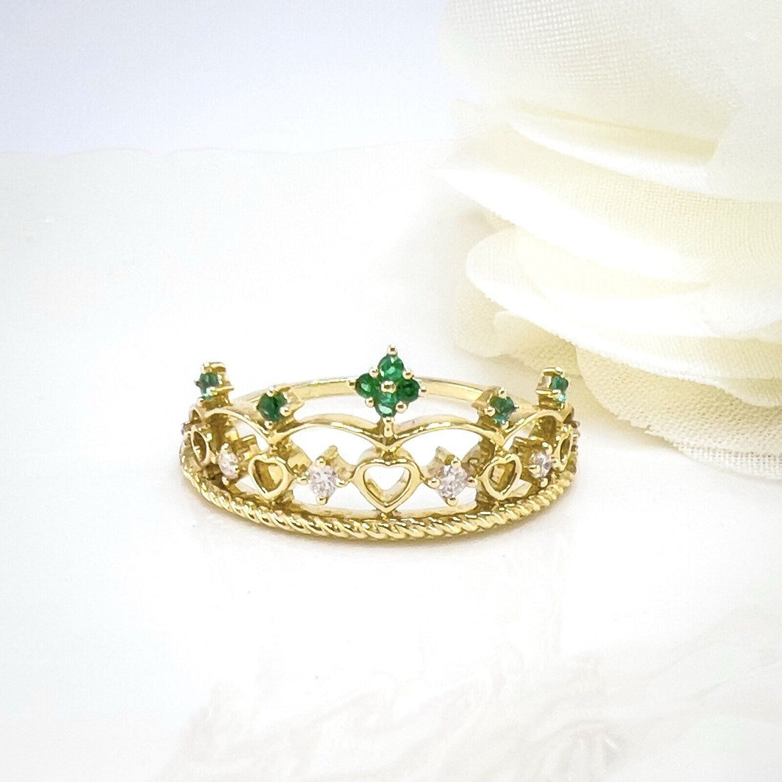 10k Yellow Gold Genuine Emerald & Diamond Crown Ring, New Size7