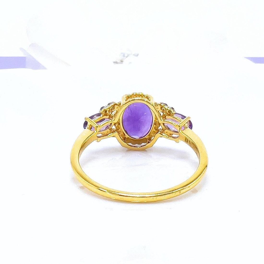 Solid 10k Yellow Gold Genuine Amethyst & Diamond 3-Stone Ring, New Size 7