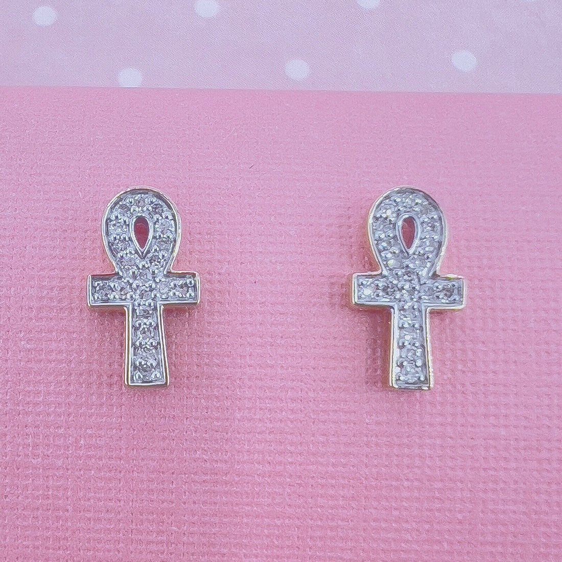 14k Yellow Gold Diamond Ankh Stud Screw-Back Earrings, New