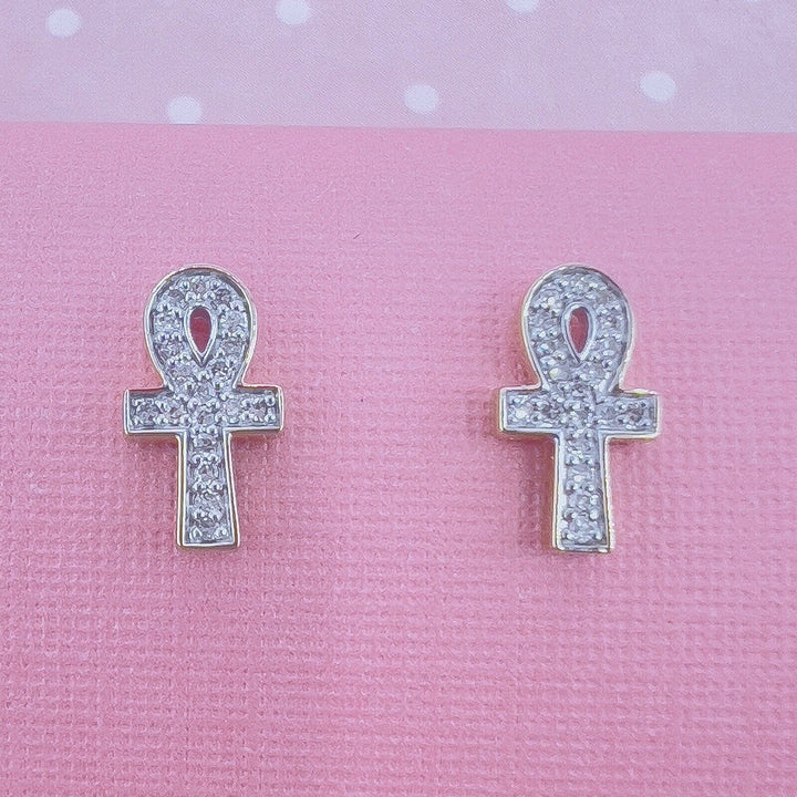 14k Yellow Gold Diamond Ankh Stud Screw-Back Earrings, New