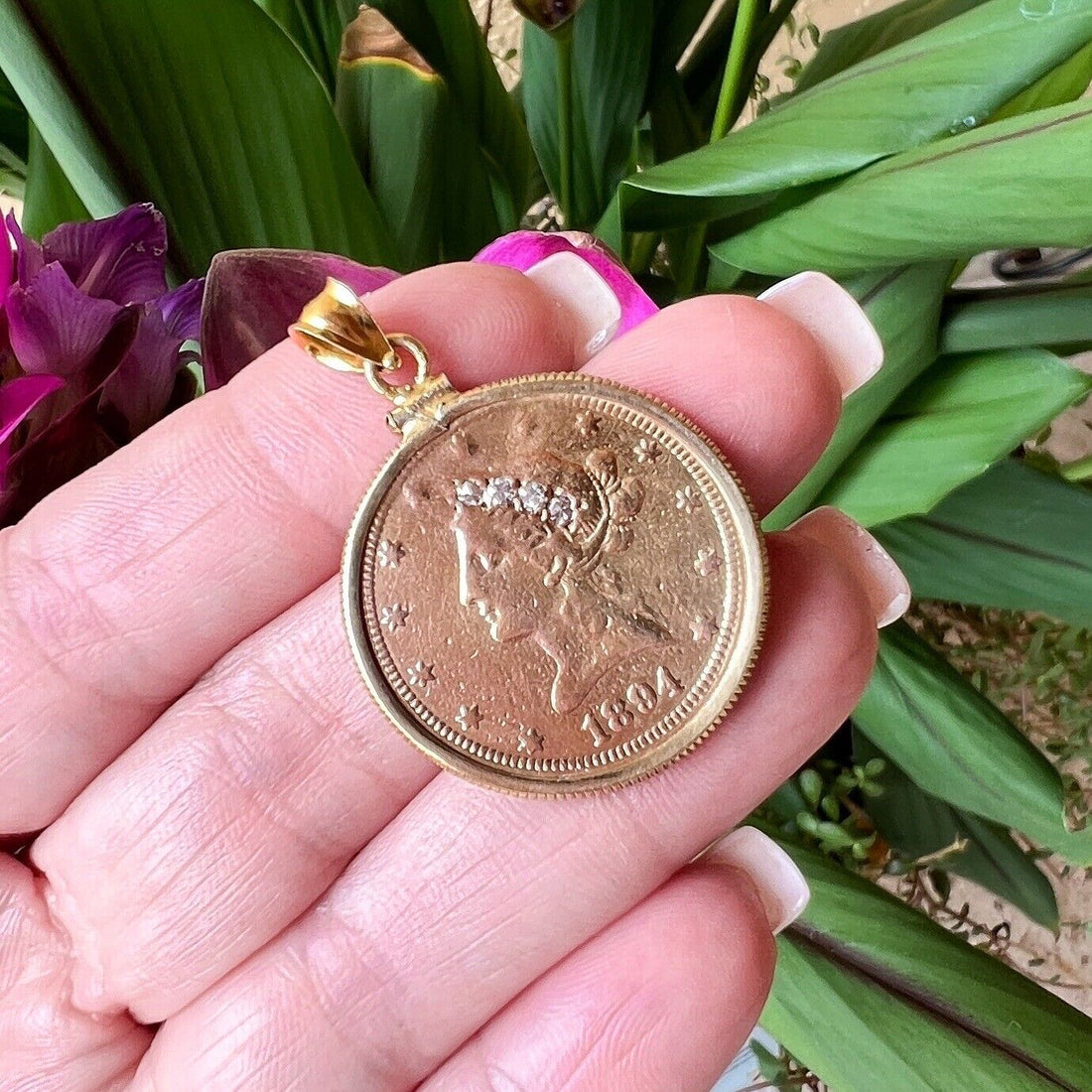 Antique 1894 Liberty Eagle Coin & Diamond Pendant, New