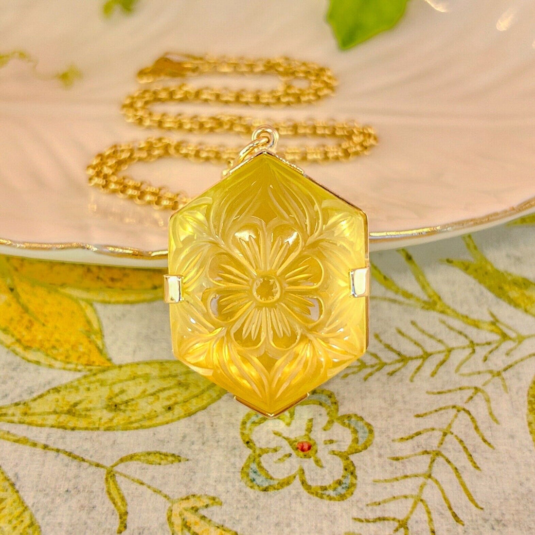 14k Yellow Gold Unique Hexagon Yellow Citrine Flower Carved Statement Pendant, N