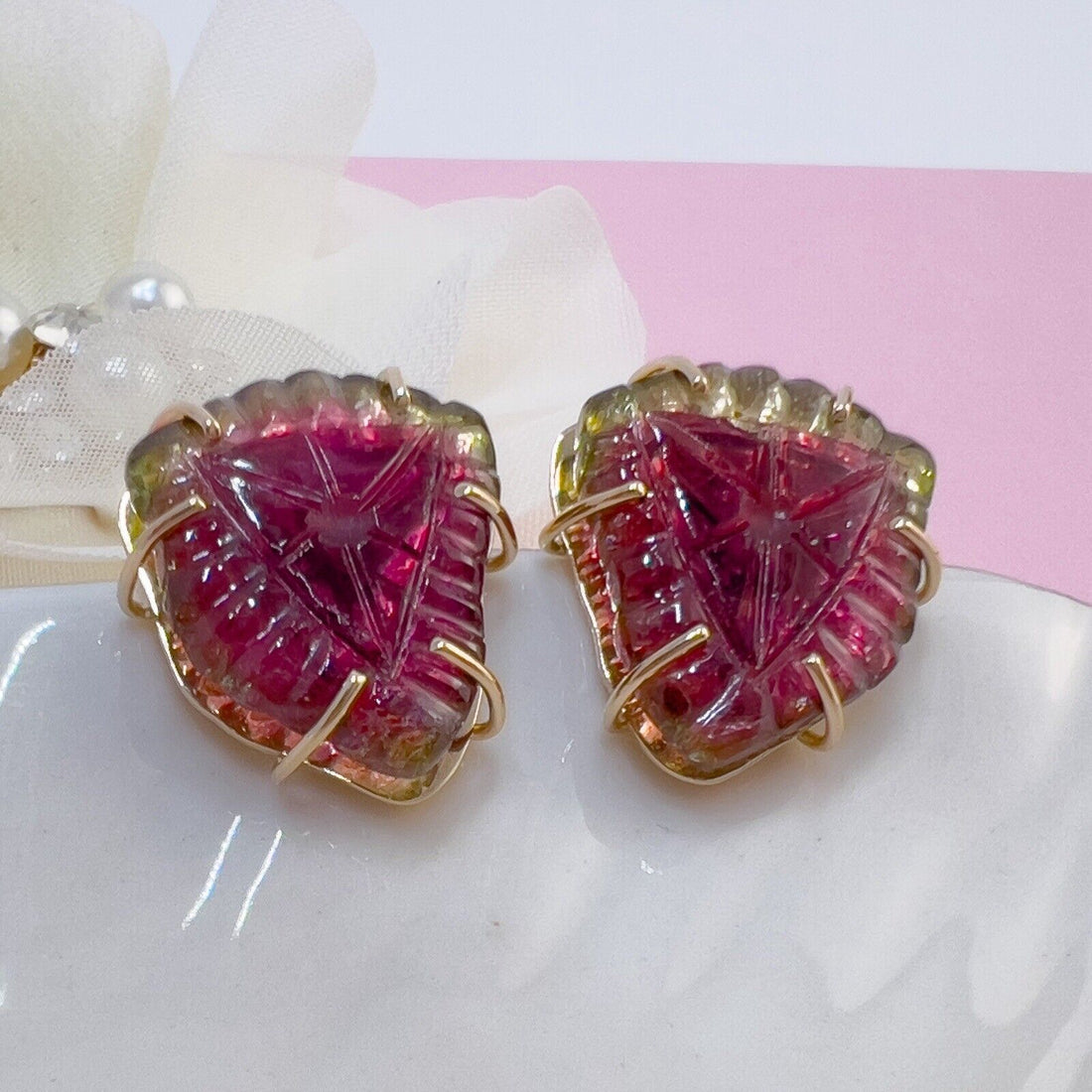 Unique 14k Yellow Gold Watermelon Tourmaline Custom-Made Stud Earrings