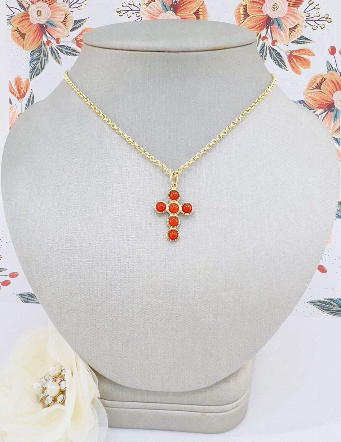 14k Yellow Gold Natural Red Coral Cross Pendant, New 1.18"