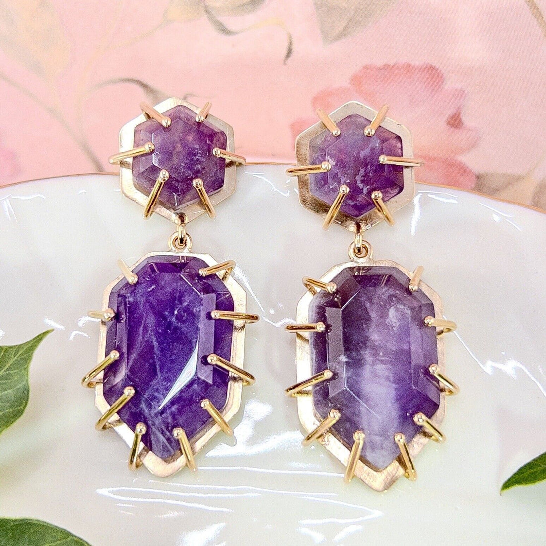 Solid 14k Yellow Gold Genuine Amethyst Modernist Custom Made Dangle Earrings 2”