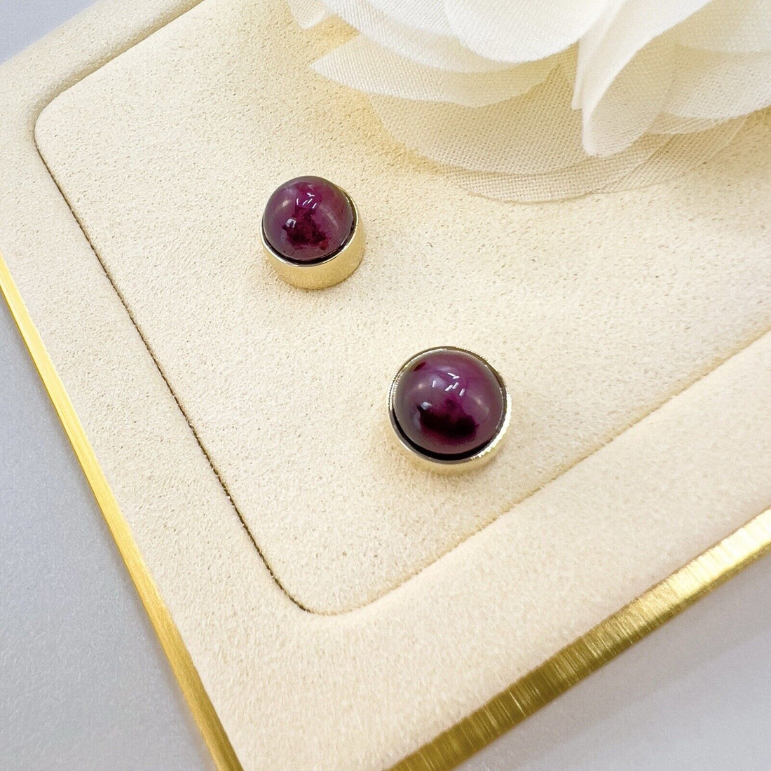 Genuine Star Ruby Solid 14k Yellow Gold Stud Earrings, Newly Handcrafted