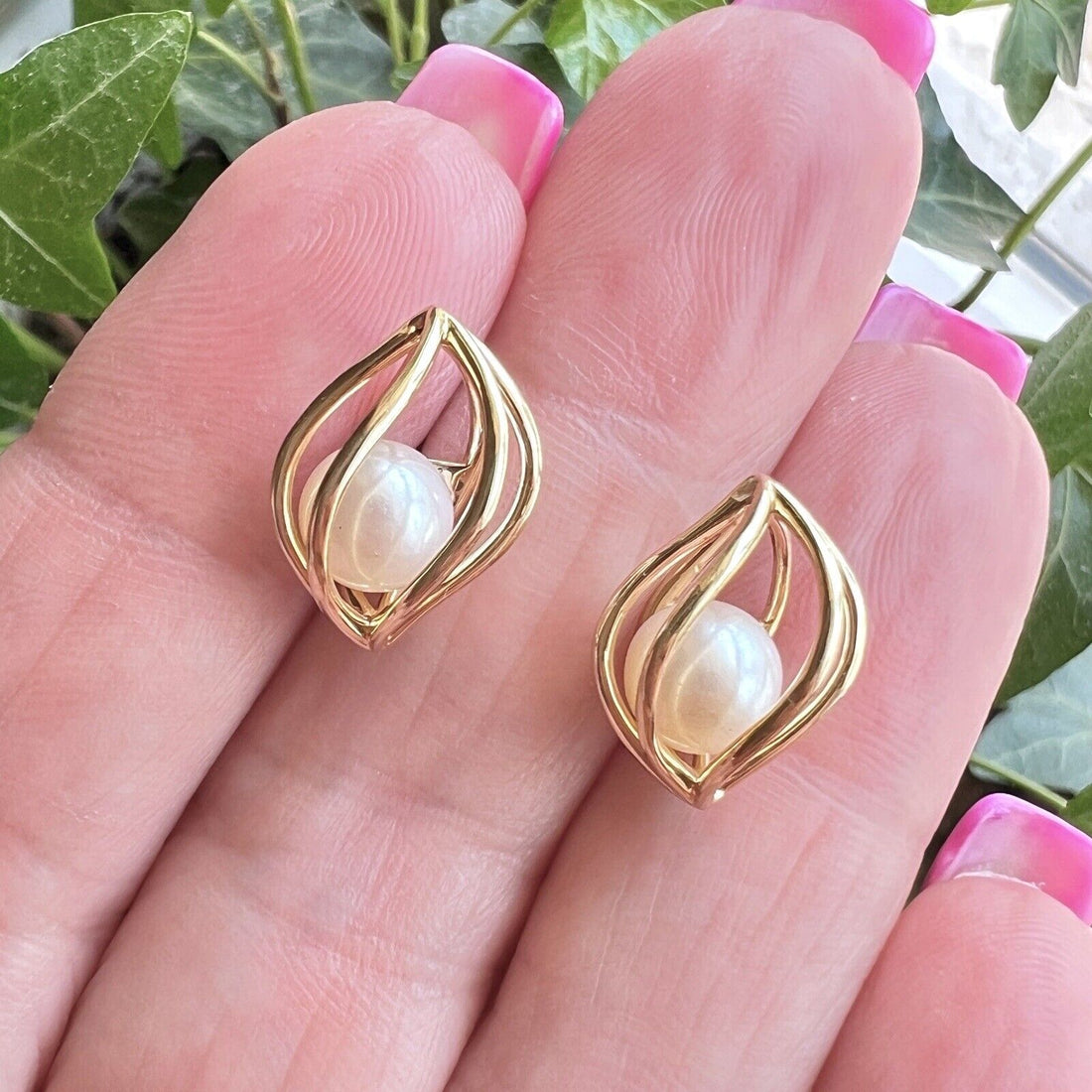 Solid 14k Yellow Gold “Dancing” Pearl Cage-Style Stud Earrings, New