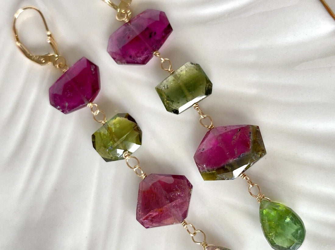 Natural Tourmaline (27.1ct) & 14k Yellow Gold "Wind Chime" Dangle Earrings, New