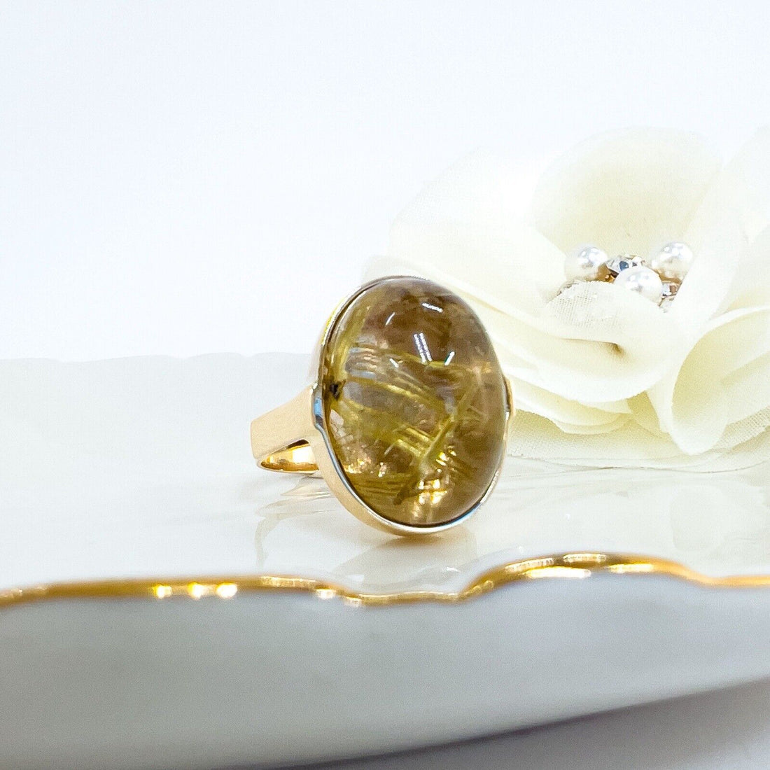 Solid 14k Yellow Gold Genuine Rutilated Quartz Ring, Size 7