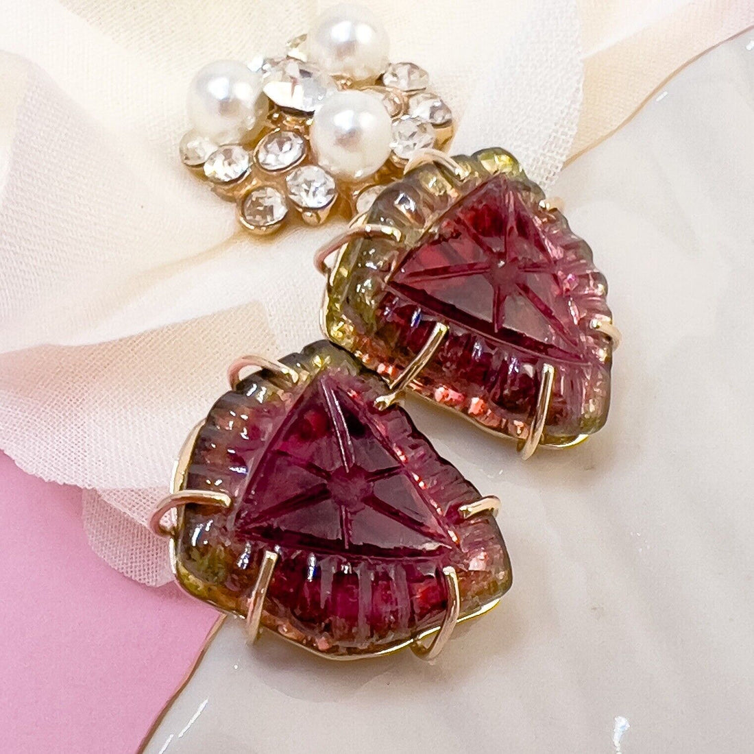 Unique 14k Yellow Gold Watermelon Tourmaline Custom-Made Stud Earrings