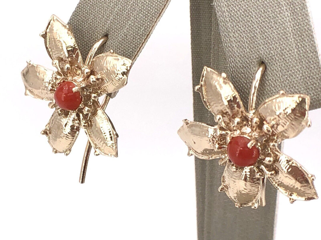 14K Yellow Gold & Mediterranean Red Coral 5 Petal Flower Hook Earrings, New