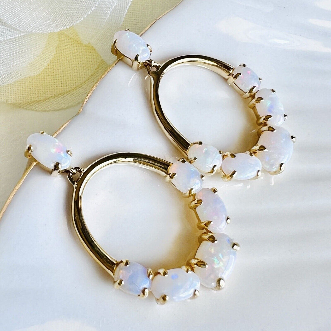 Solid 10k Yellow Gold Genuine Opal Hoop Dangle Earrings, New