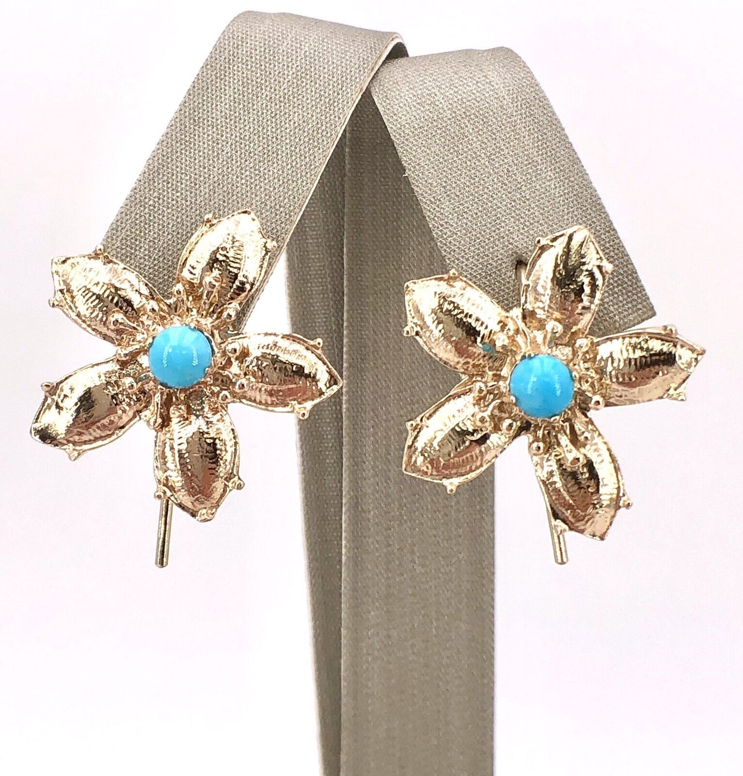 14K Yellow Gold & Sleeping Beauty Turquoise 5 Petal Flower Hook Earrings, New