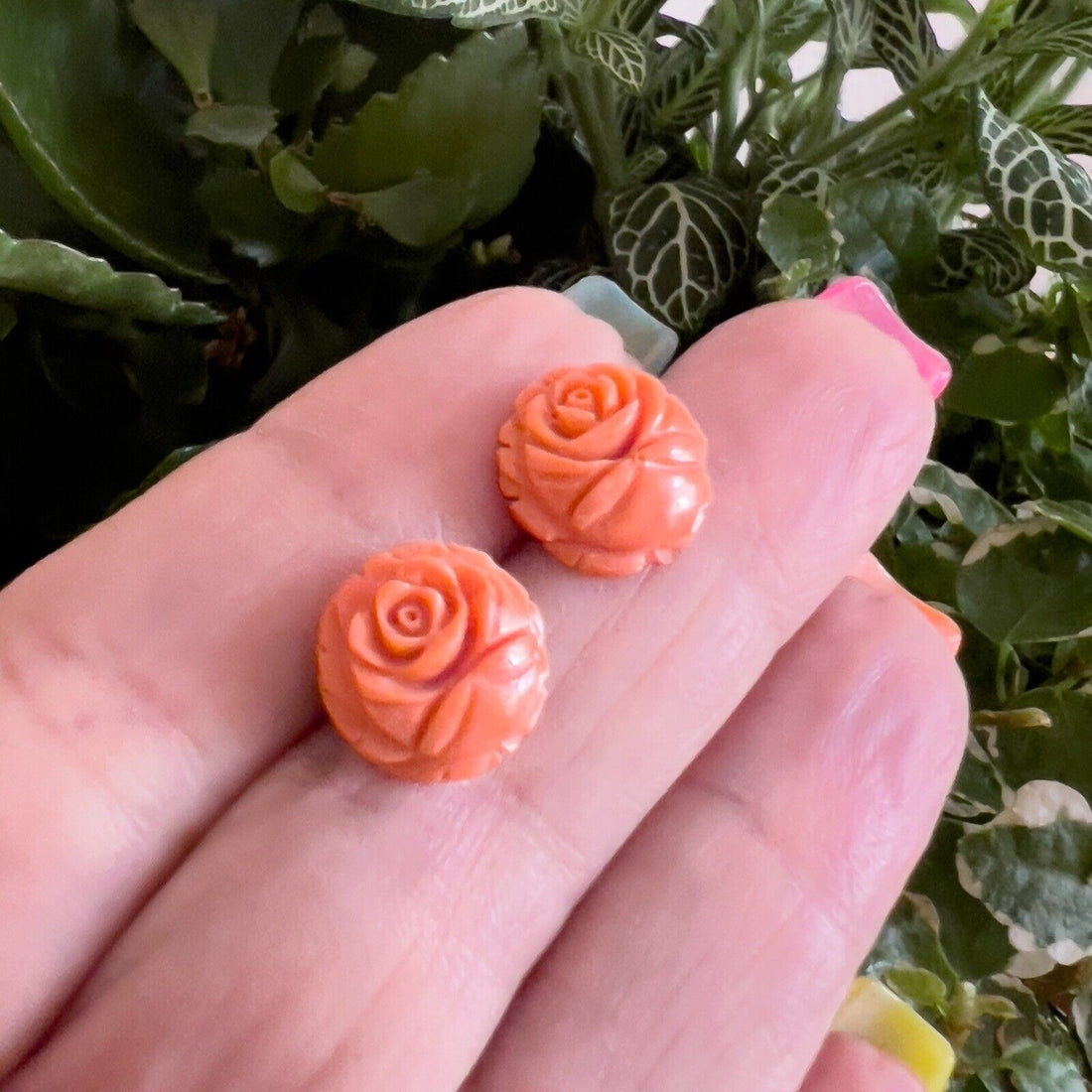 14k Gold Genuine Japanese Orange Coral Carved Rose Stud Earrings, New