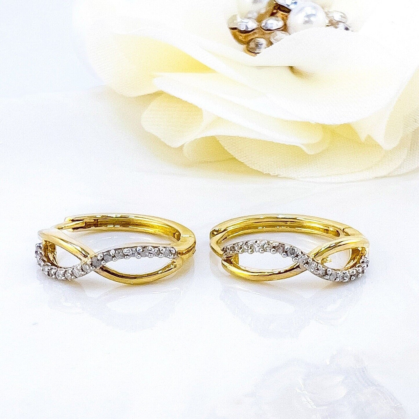 Solid 10k Yellow Gold Genuine Diamond Infinity-Design Hoop Earrings, New