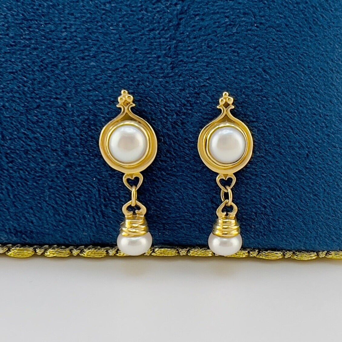 Solid 14k Yellow Gold Genuine Pearl Dangle/Drop Earrings, New 1.14”