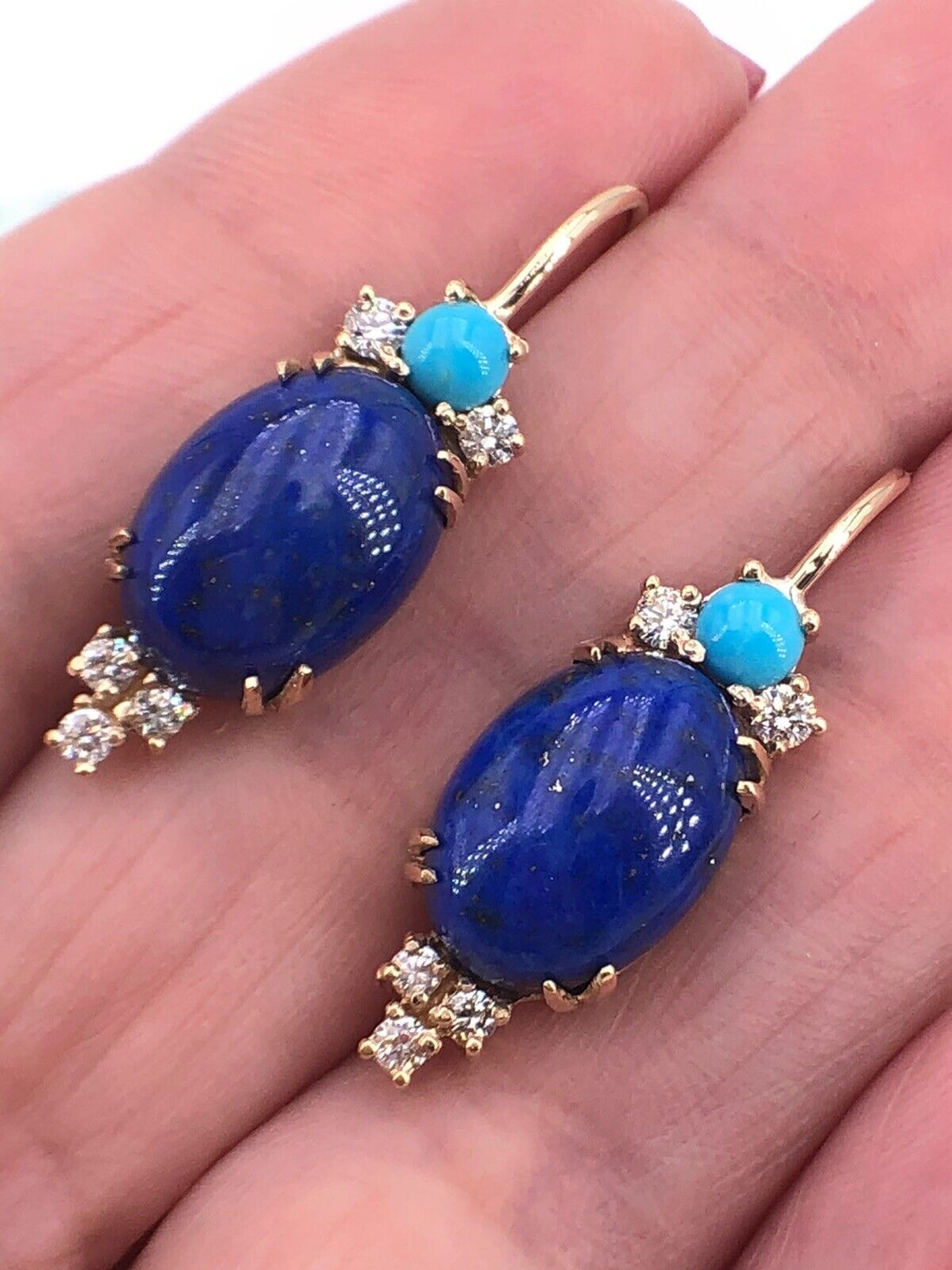 Genuine 14k Gold, Natural Lapis Lazuli, Turquoise & Diamond Dangle Earrings, New