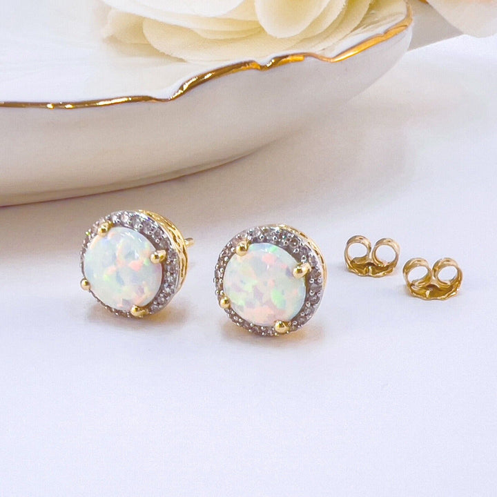 Solid 10k Yellow Gold Lab-Created Opals & Genuine Diamond Stud Earrings, New