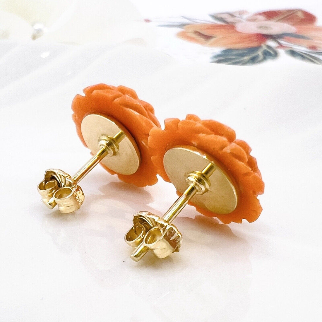 14k Gold Genuine Japanese Orange Coral Carved Rose Stud Earrings, New