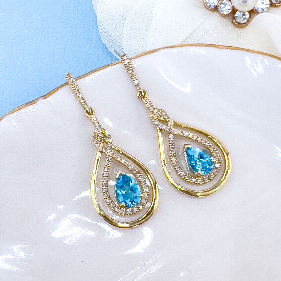 Genuine Swiss Blue Topaz & Diamond 10k Yellow Gold Dangle/Drop Earrings, New